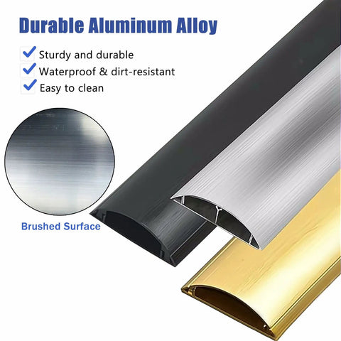 Cord Cover Aluminum Alloy Cable Raceway Kit showing durable waterproof brushed surfaces in black, silver, and gold.
