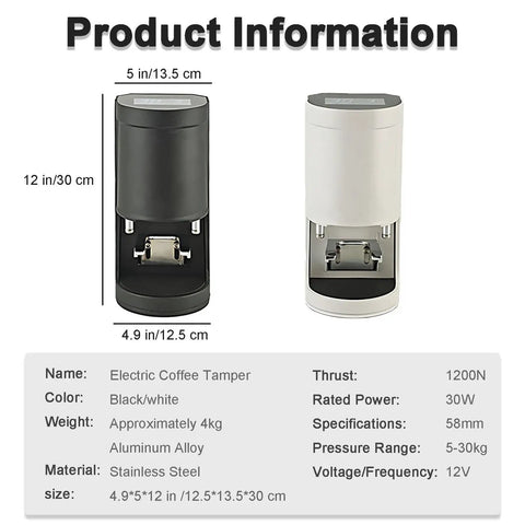Automatic 58mm Portafilter Coffee Tamper With Touchscreen Settings And 5 To 30kg Weight, black and white models displayed.