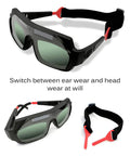 Heavy Duty Solar Powered Welding Goggles With Automatic Darkening True Color Anti Glare Lenses For Plasma Cutting Grind Jobs showing adjustable ear and head wear.