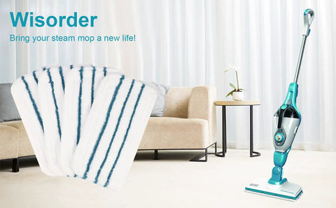 Display of 8 Pack Replacement Microfiber Steam Mop Pads for Black Decker compatible with SM1600 SM1610 next to mop.