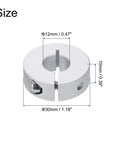 Top Shelf 10 Pcs Single Split Clamp On Shaft Collar 12 mm Bore Aluminum Alloy Locking Hub dimensions shown, 12mm bore, 30mm outer diameter.