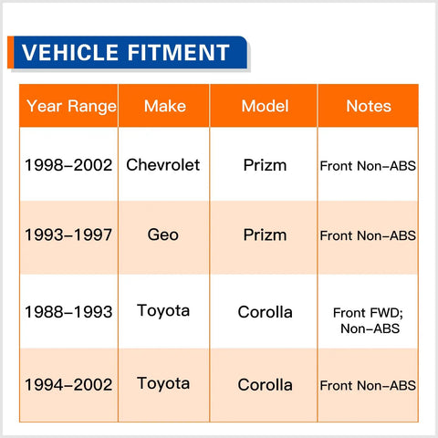 Vehicle fitment chart for Beefed Up Front Wheel Hub Bearing Assembly Set Of 2 Rolls Like New with models and notes.