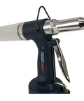 Kick Ass Pneumatic Pop Rivet Gun With Hydraulic Might sets steel rivets up to 3/16 inch, showcasing nozzle and trigger design.