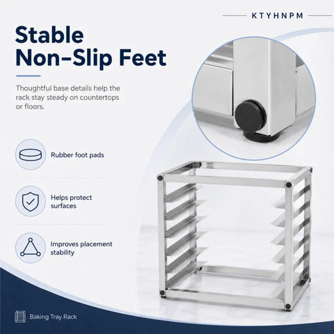 Heavy Duty Six Tier Stainless Steel Bakery Rack Holds Half Sheet Pans Countertop Bun Pan Organizer featuring stable non-slip feet for stability.