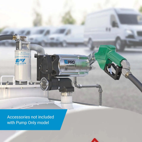 Heavy Duty 20 GPM Fuel Transfer Pump With 1 Inch Outlet For Gasoline And Diesel 115 Volt AC Plug And Play Setup close-up with filter.