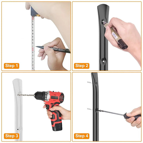 Heavy Duty Kayak Wall Mount 15 Inch Storage Hooks Featuring Thick EVA Padding installation steps using measuring tape, drill, and screwdriver.