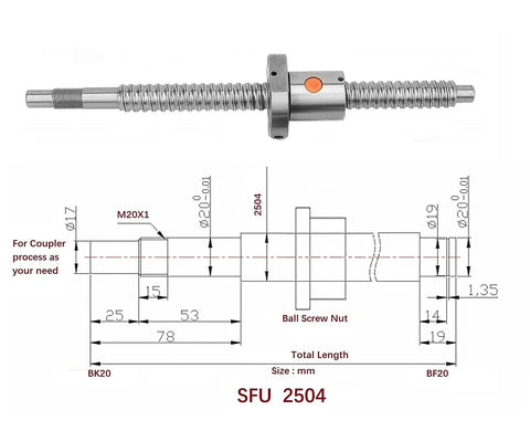 Boss Grade 25mm Anti Backlash Cnc Ballscrew Kit 55 Inch SFU2504 RM2504 with detailed dimensions and specifications.