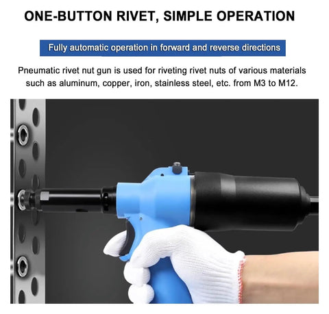 Heavy Duty Pneumatic Rivet Nut Gun Badass Air Tool For Fastening Bolts Includes M3 Through M12 Threads Quick Action for metalwork.