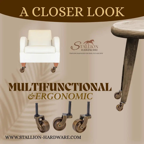 Heavy Duty Antique Brass Replacement Caster Wheels Smooth As Butter Rolling For Furniture set of four wheels displayed under furniture.