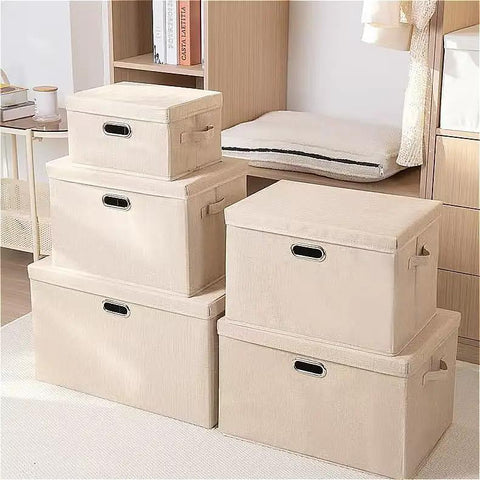Heavy Duty Fabric Storage Bins With Snap On Lids Stackable Khaki Storage Boxes neatly stacked in a modern room.