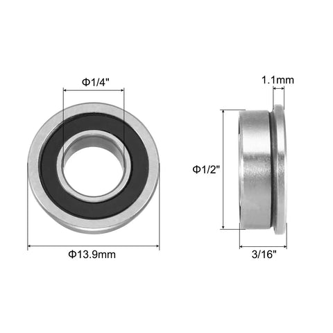 Premium Flanged Ball Bearings Chrome Steel Rubber Sealed Fr188-2Rs ABEC Three Rated side profile with measurements of 1/4 inch bore, 1/2 inch outer diameter.