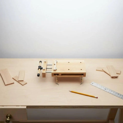 Solid Beech Wood Workbench Vise Clamp For Carpenters And Joinery Pros With Smooth Adjustable Handle on workbench with wooden pieces.