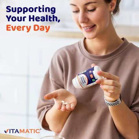 Woman holding Lithium Orotate 5mg Mood Support Supplement, 240 Veggie Capsules bottle, demonstrating easy daily dose.