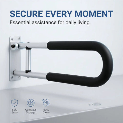 Heavy Duty Flip Up Toilet Safety Rail And Wall Mount Grab Bar Crafted From Heavy Aluminum With Sure Grip Design for secure bathroom transfers.