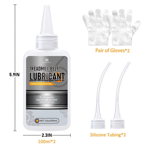 Bottle of treadmill belt lubricant with gloves and silicone tubing, size 100ml, 3.5oz, labeled as pure silicone