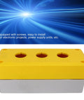 Battle Ready 3 Hole 22mm Push Button Control Box featuring slick IP65 waterproof seals, yellow and gray for industrial use.