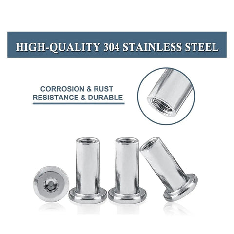 Heavy Duty 304 Stainless Steel Barrel Nuts And Hex Socket Furniture Rivet Inserts M2 Through M10 Sizes, showing corrosion-resistant design.