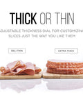 Thick or thin slices of meat displayed on wooden boards, showcasing Powerhouse Electric Deli Slicer With Adjustable Thickness Dial And Precision Stainless Steel Blade.