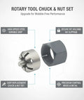 Rotary Tool Chuck And Nut Set With High Speed Steel For No Slip, Rock Solid Grip On Bits In Woodworking And Metal Grinding, Stable Bit Retention For Precise Carving, Grinding, And Drilling Tasks.
