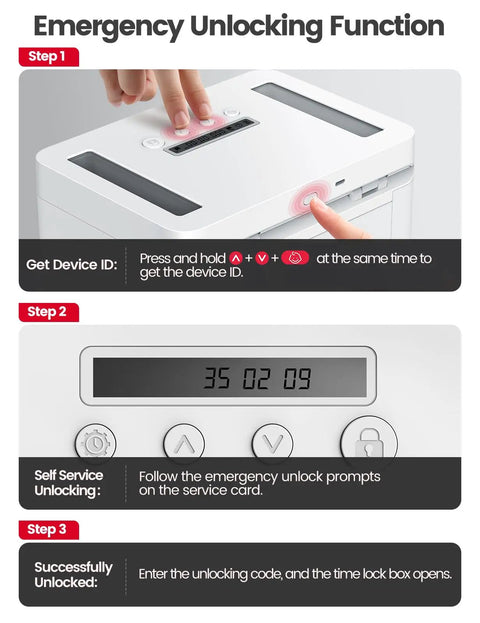 Emergency unlocking instructions for Heavy Metal Time Lock Box For Smartphones And Tablets With Adjustable Countdown Timer.