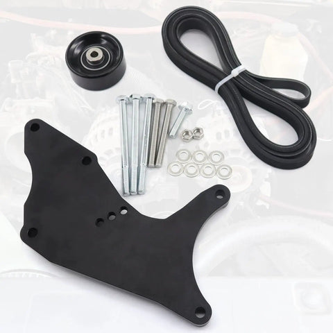 No Drama Hardened Dual Alternator Bracket Kit For Chevy GM Trucks 1999-2013 with black pulley, drive belt, and hardware.