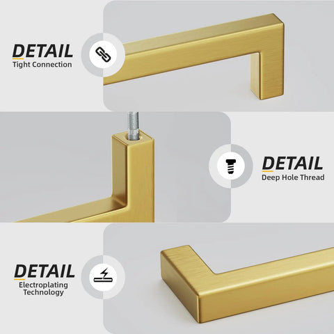 Close-up of 30 Pack 12 Inch Premium Stainless Steel Cabinet Handles And Drawer Pulls Slick Brushed Gold Finish features including tight connection and deep hole thread.