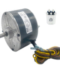 Straight Up 1/4 HP AC Condenser Fan Motor 208-230V 1100 RPM Simple Swap Replacement For Carrier And Bryant HVAC Equipment With Matched Capacitor and CCW Shaft including wires.