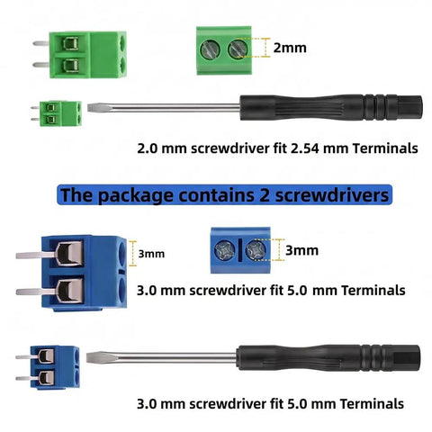 Heavy Duty 152 Pcs PCB Screw Terminal Block Kit With 2.54Mm And 5.0Mm Pitch Multi Pin Connectors Plus Male Header Pins For Breadboard Circuit DIY Electronics Projects Badass Quality Guaranteed image showing screwdrivers and terminal blocks.