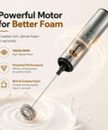 Rechargeable Milk Frother With Stand Electric Whisk Foam Maker USB C Two Speed Handheld Drink Mixer For Coffee Latte Cappuccino Matcha Drinks Silver Finish with powerful motor and rich foam creation shown in image.
