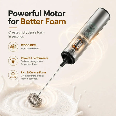 Rechargeable Milk Frother With Stand Electric Whisk Foam Maker USB C Two Speed Handheld Drink Mixer For Coffee Latte Cappuccino Matcha Drinks Silver Finish with powerful motor and rich foam creation shown in image.