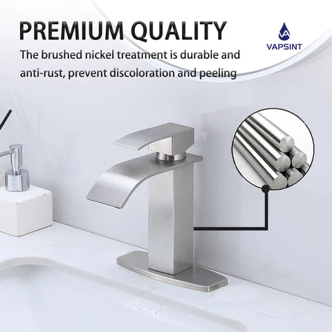 Modern Single Handle Gold Vessel Sink Faucet With Brushed Gold Finish on white counter, brushed nickel treatment inset