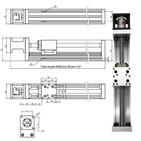 Straight Up Manual Ball Screw Linear Actuator With Buttery Smooth Glide 60mm Width CNC Stage Slides showing detailed dimensions and design.