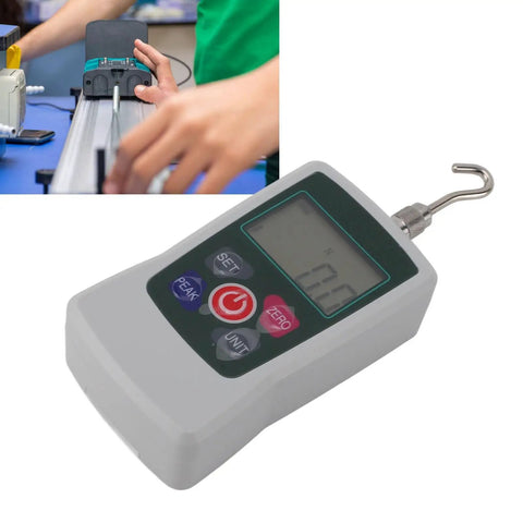 Dead Accurate Digital Force Gauge Compact Handheld Push Pull Tester For Material Mechanics And Product Development With Hella Precision And Rugged Build Quality, displaying display and hook detail in use.