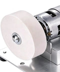 Close-up of Compact Mini Bench Grinder Featuring Rock Solid 100W Copper Brushless Motor Spinning At Ridiculous 6000 RPM.