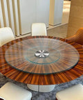 Heavy Duty Tempered Glass Lazy Susan Turntable Silky Smooth Rotating Serving Platter With Upgraded Aluminum Bearings on round wooden table.