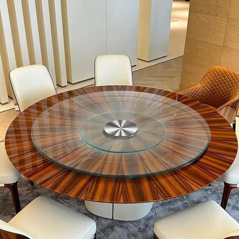 Heavy Duty Tempered Glass Lazy Susan Turntable Silky Smooth Rotating Serving Platter With Upgraded Aluminum Bearings on round wooden table.