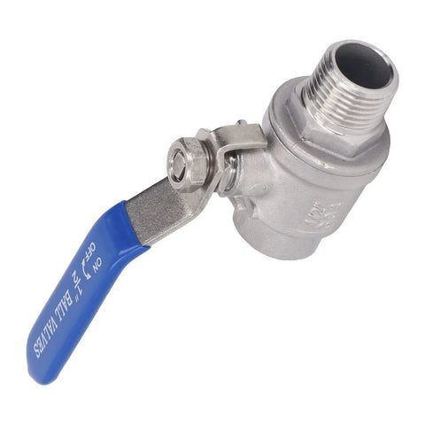 Rock Solid Heavy Duty 1/2 Inch NPT Ball Valve Made From Top Tier 304 Stainless Steel showcasing blue handle and leak-proof design.