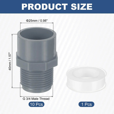 10 Pack PVC Male Adapter Pipe Fittings Three Quarter Inch 2 Way Socket To Male Thread Hose Connection Couplings With Sealant Tape For No Fuss DIY Plumbing And Water Line Projects Grey, product size details with measurements