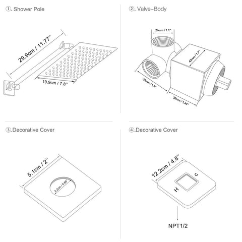 Diagram showing Ultimate 8 Inch Rain Shower System With Wall Mounted Square Rain Head High Pressure Bathroom Fixture parts