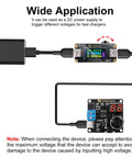 Slick Plug And Play Usb Type C Pd Trigger Module With Dial It In Voltage Setting From Five To Twenty Volts And Steady Five Amp Output packing LCD readouts connected to a wall adapter.
