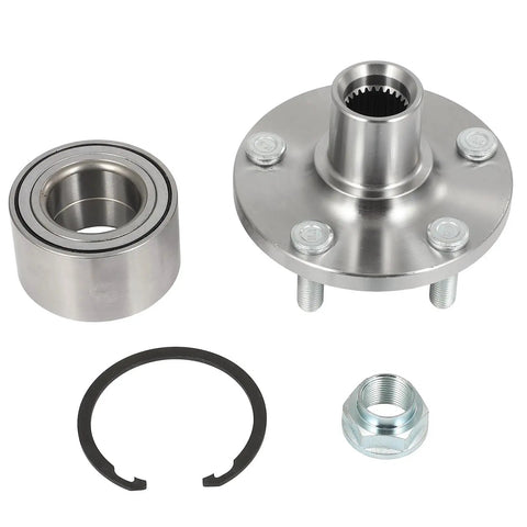 Front Wheel Bearing And Hub Assembly HA590498 Replacement For 2003 To 2017 Toyota Corolla Fwd 5 Lug showing steel hub, bearing, snap ring, and nut.