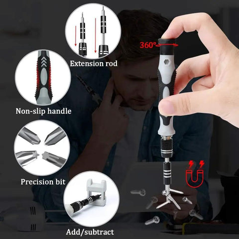 The Badass 138-In-1 Precision Screwdriver Kit With Magnetic Tips And Stripped Screw Extractors, Hacks stripped screws like a boss, showing precision bits and non-slip handle.