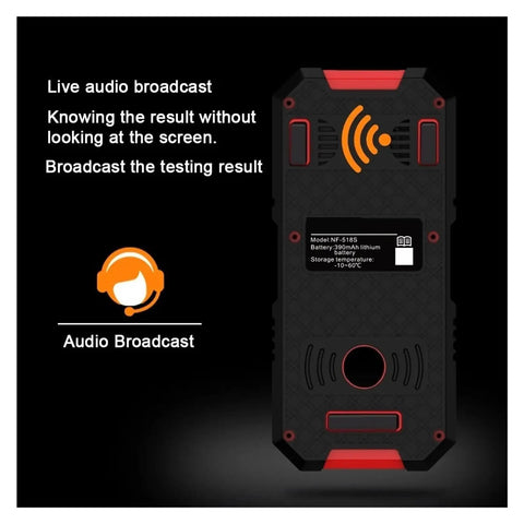 Rock Solid Stud Finder And Wall Scanner with audio broadcast feature, RCA input, and text display for testing results.