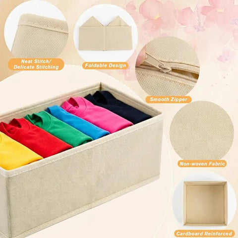 Kick Clutter To The Curb With This Slick Foldable Drawer Organizer Set Of Six Beige Fabric Compartments showing colorful shirts neatly stored in a beige organizer.