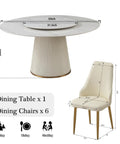 Top Shelf 7 Piece Round Marble Dining Table Set Featuring An Easy Glide Lazy Susan Turntable Accompanied By Six Comfy Cream White Upholstered Chairs. Table dimensions 59 inch round.