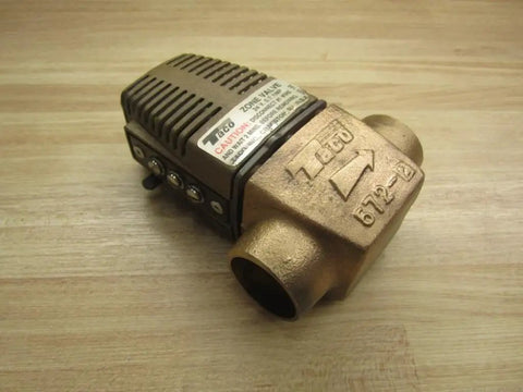 Heavy Duty Zero Hassle One Inch Sweat Zone Valve For Hydronic Heating Systems with brass body and control levers on side.
