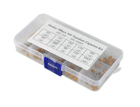 Rock Solid Tantalum Capacitor Assortment Kit Featuring One Hundred Pieces Across Ten Distinct Values Ranging From One To One Hundred Microfarads At Sixteen Volts Inside A Nifty Storage Box.