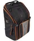 Heavy Duty Jobsite Ready Workhorse Tool Backpack with 21 pockets, orange accents, and large interior, side view.
