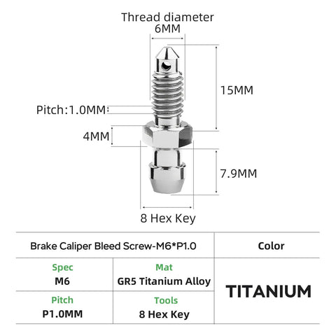 Tough As Nails Rust Free Titanium Brake Bleeder Bolts For Motorcycle Calipers, 6mm thread, GR5 titanium, precision measurement detail.