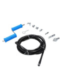 Professional Grade Drain Auger Attachment With Six Sharp Cutting Blades And Five Meter Flexible Steel Cable Plus Electric Manual Adapters For Knocking Out Stubborn Sink Shower Clogs Fast parts including blue handle, flexible steel cable, and cutting blades.